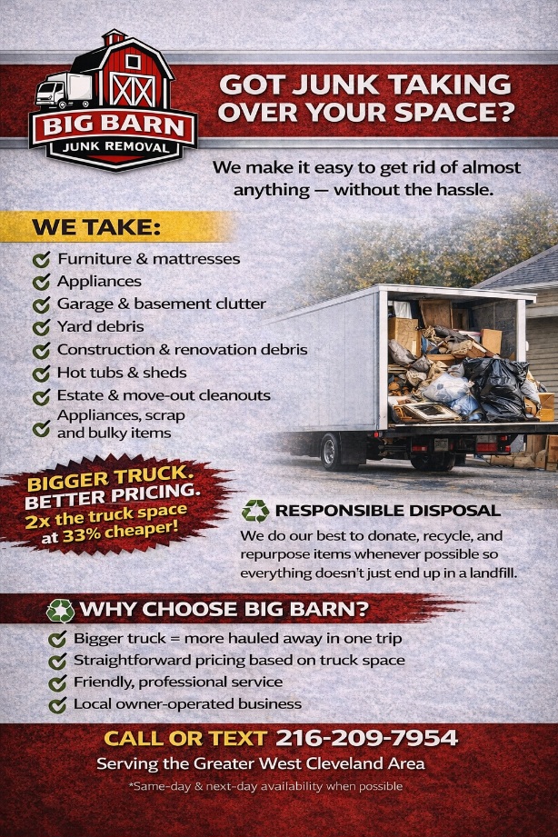 Big Barn Junk Removal flyer listing items and cleanout services offered